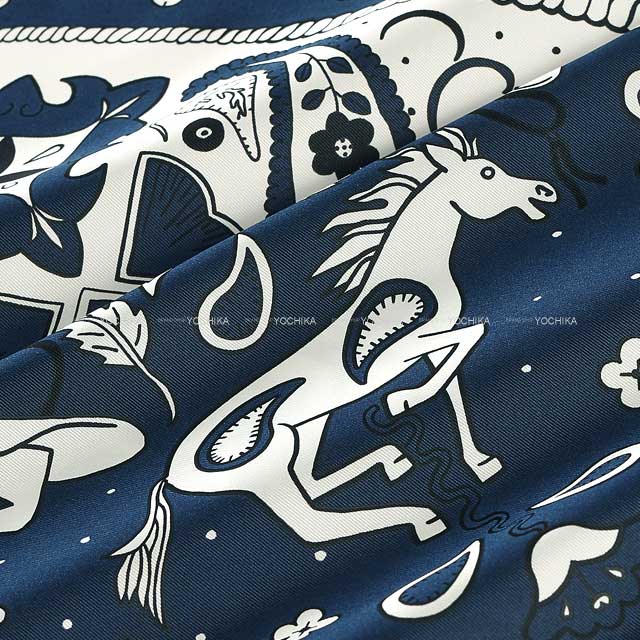 HERMES scarf Carre 55 Animal Bandana Marine/White/Black Silk100%[BRAND NEW][Authentic]