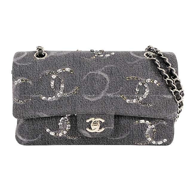 2023‐2024AW CHANEL Shoulder bag Matelasse25 Coco Mark Sequins Grey Denim Silver HW A01112[ALMOST NEW][Authentic]