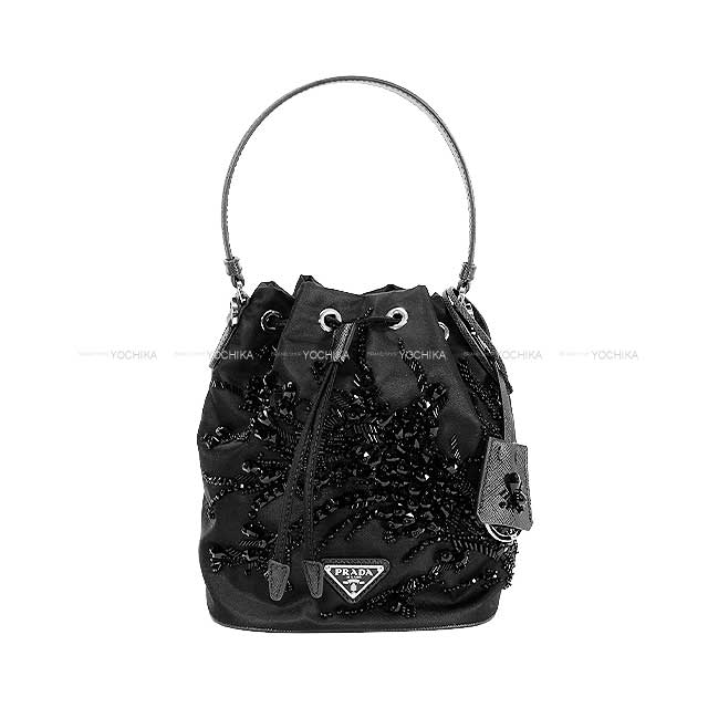 PRADA Shoulder bag Re-Nylon Embroidered Mini Bucket Noir (Black) Nyron/Cow Leather IBE067[EXCELLENT][Authentic]