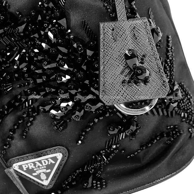 PRADA Shoulder bag Re-Nylon Embroidered Mini Bucket Noir (Black) Nyron/Cow Leather IBE067[EXCELLENT][Authentic]