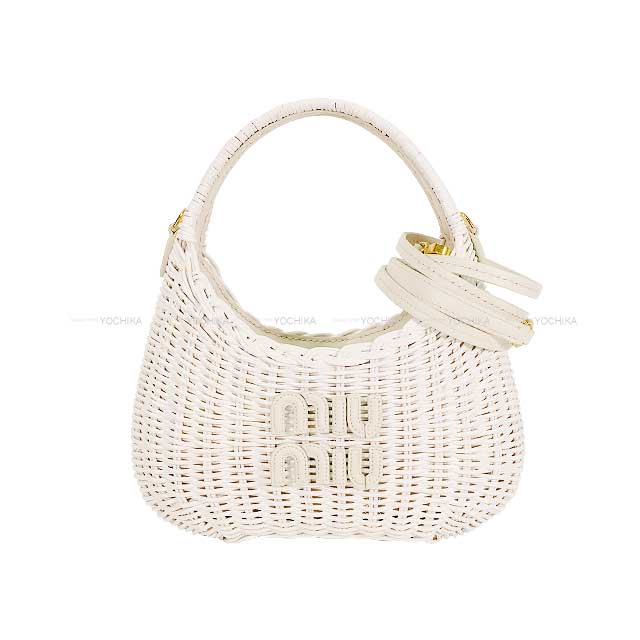 MIUMIU Shoulder bag Wonder Wicker Hobo Blanc (White) Rattan/Calf Gold HW 58C125[BRAND NEW][Authentic]