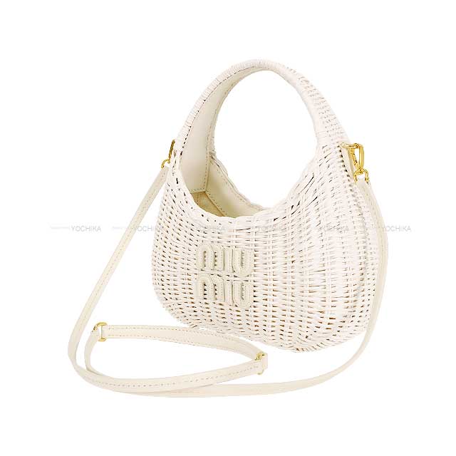 MIUMIU Shoulder bag Wonder Wicker Hobo Blanc (White) Rattan/Calf Gold HW 58C125[BRAND NEW][Authentic]