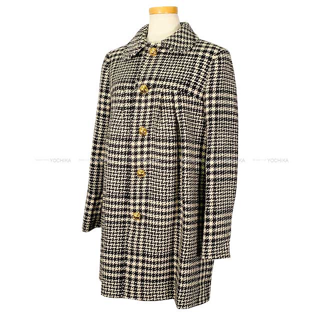 CELINE Stainless collar coat Ladies Sixteen Houndstooth Pattern Logo Buttons Ivory/Black Wool/Tweed 36 2MC93C391Z.[BRAND NEW][Authentic]