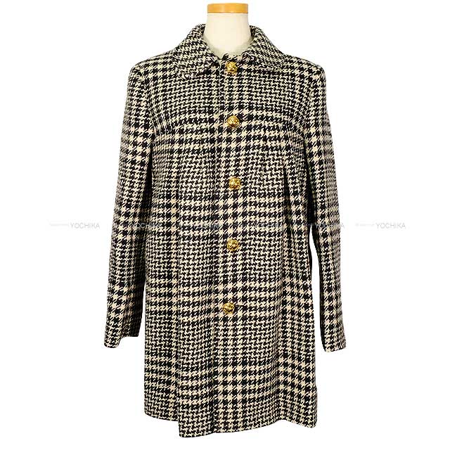 CELINE Stainless collar coat Ladies Sixteen Houndstooth Pattern Logo Buttons Ivory/Black Wool/Tweed 36 2MC93C391Z.[BRAND NEW][Authentic]