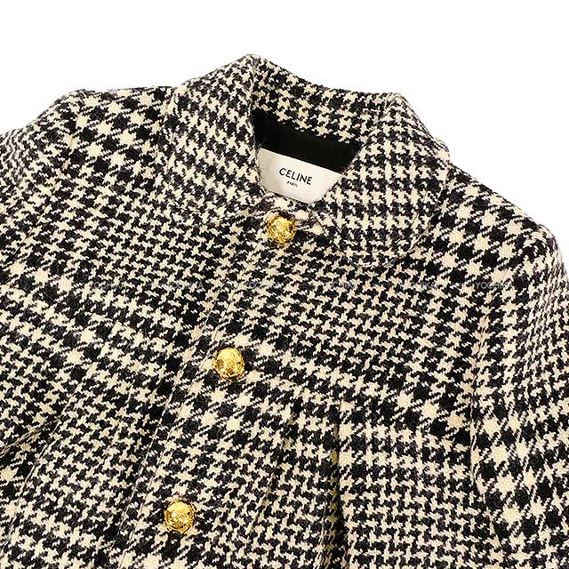 CELINE Stainless collar coat Ladies Sixteen Houndstooth Pattern Logo Buttons Ivory/Black Wool/Tweed 36 2MC93C391Z.[BRAND NEW][Authentic]