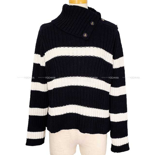 Dior Sweater Mariniere D Stripe Turtle Neck Border Button Knit Blanc (White)/Navy Cotton / Polyamide 34 444529AM792[EXCELLENT][Authentic]