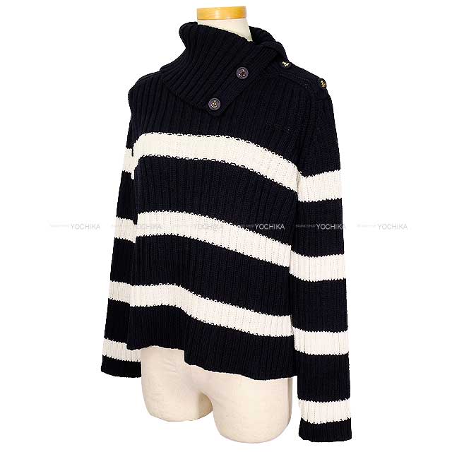 Dior Sweater Mariniere D Stripe Turtle Neck Border Button Knit Blanc (White)/Navy Cotton / Polyamide 34 444529AM792[EXCELLENT][Authentic]