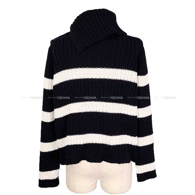 Dior Sweater Mariniere D Stripe Turtle Neck Border Button Knit Blanc (White)/Navy Cotton / Polyamide 34 444529AM792[EXCELLENT][Authentic]