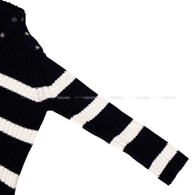 Dior Sweater Mariniere D Stripe Turtle Neck Border Button Knit Blanc (White)/Navy Cotton / Polyamide 34 444529AM792[EXCELLENT][Authentic]