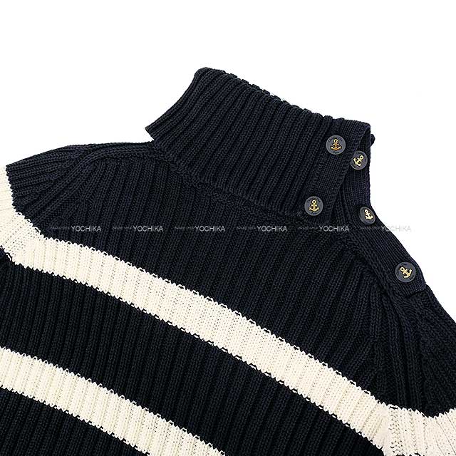 Dior Sweater Mariniere D Stripe Turtle Neck Border Button Knit Blanc (White)/Navy Cotton / Polyamide 34 444529AM792[EXCELLENT][Authentic]