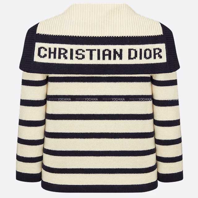 Dior Cardigan Mariniere D Stripe Border Blanc (White)/Navy Virgin Wool/Cashmere 38 224G02AM309_X5855[BRAND NEW][Authentic]