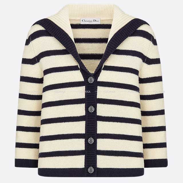 Dior Cardigan Mariniere D Stripe Border Blanc (White)/Navy Virgin Wool/Cashmere 38 224G02AM309_X5855[BRAND NEW][Authentic]