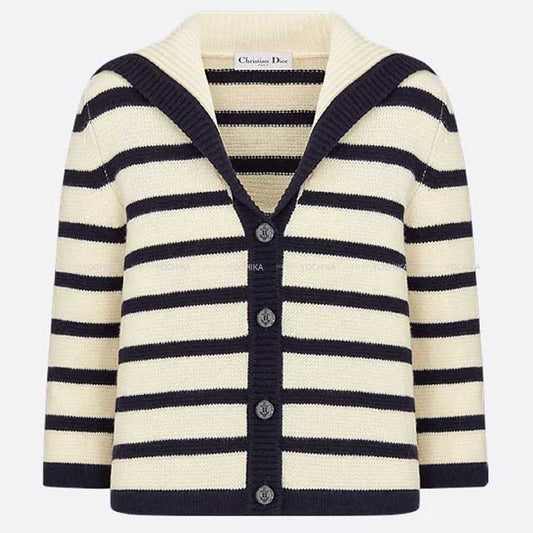 Dior Cardigan Mariniere D Stripe Border Blanc (White)/Navy Virgin Wool/Cashmere 38 224G02AM309_X5855[BRAND NEW][Authentic]