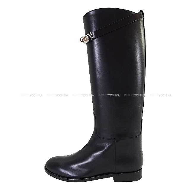 HERMES boots Jumping Kelly Buckle short #38.5 Noir (Black) Box Calf 38.5 Silver HW 042138ZG[EXCELLENT][Authentic]