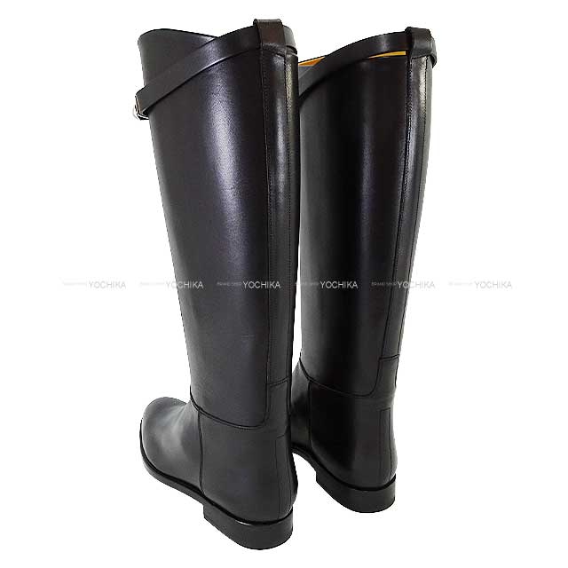 HERMES boots Jumping Kelly Buckle short #38.5 Noir (Black) Box Calf 38.5 Silver HW 042138ZG[EXCELLENT][Authentic]