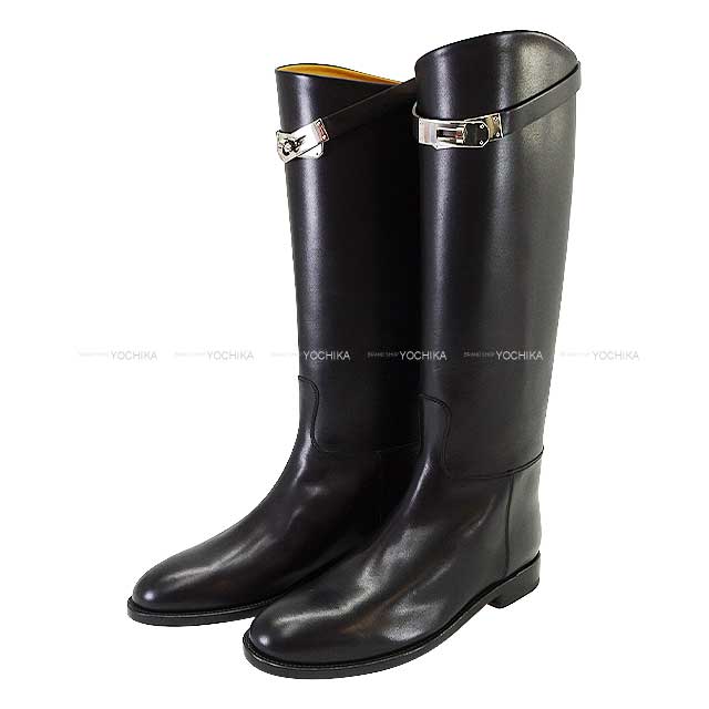 HERMES boots Jumping Kelly Buckle short #38.5 Noir (Black) Box Calf 38.5 Silver HW 042138ZG[EXCELLENT][Authentic]