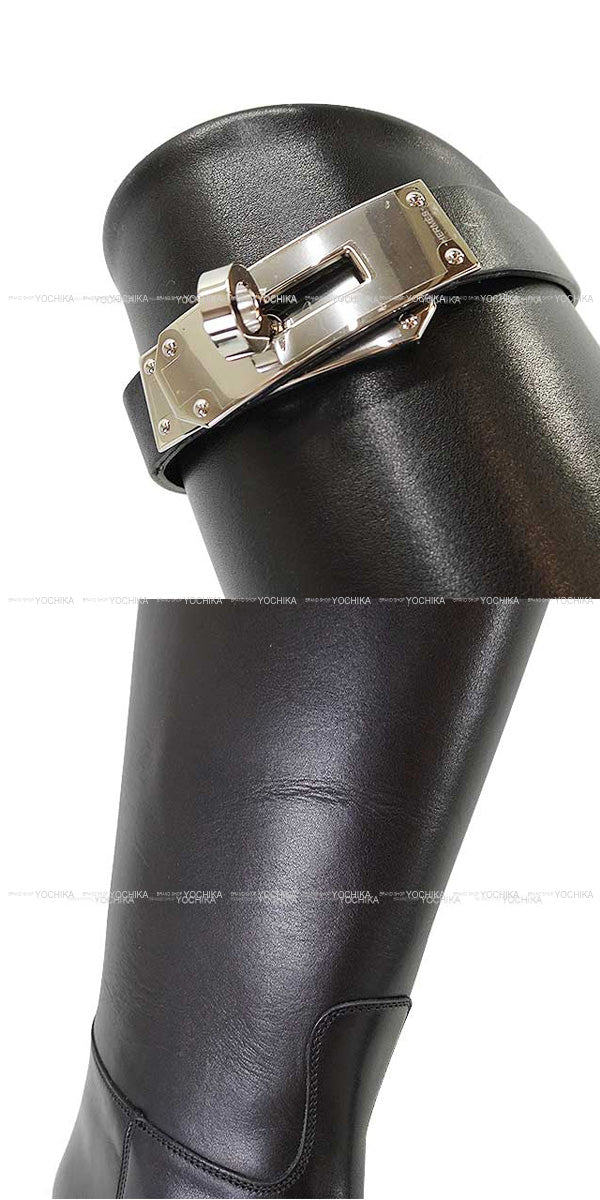 HERMES boots Jumping Kelly Buckle short #38.5 Noir (Black) Box Calf 38.5 Silver HW 042138ZG[EXCELLENT][Authentic]