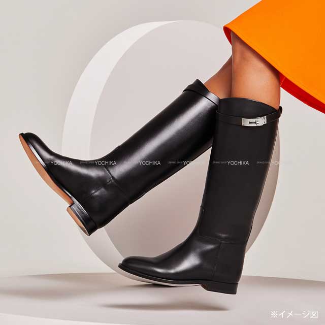 HERMES boots Jumping Kelly Buckle short #38.5 Noir (Black) Box Calf 38.5 Silver HW 042138ZG[EXCELLENT][Authentic]