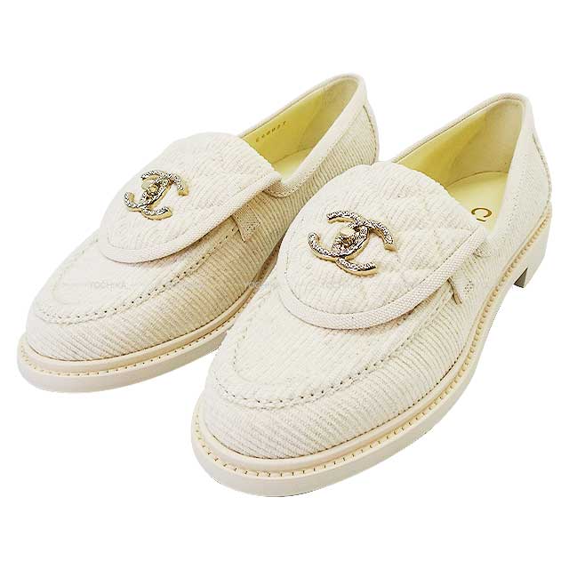 2023 SS CHANEL Moccasins Coco Mark Rhinestone Matelasse Ivory Corduroy 38 Champagne Gold HW G40027[EXCELLENT][Authentic]