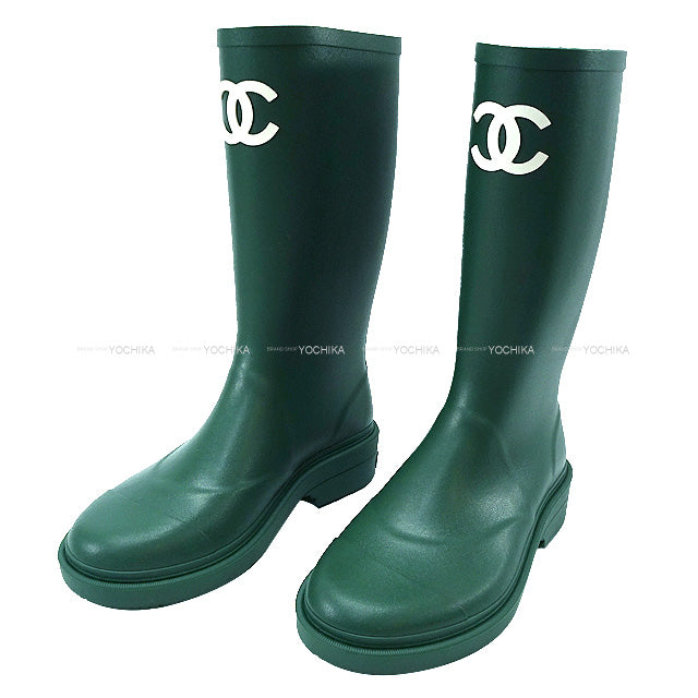 2022 SS CHANEL boots Rain Coco Mark Long Green/Blanc (White)  38 G38355[EXCELLENT][Authentic]