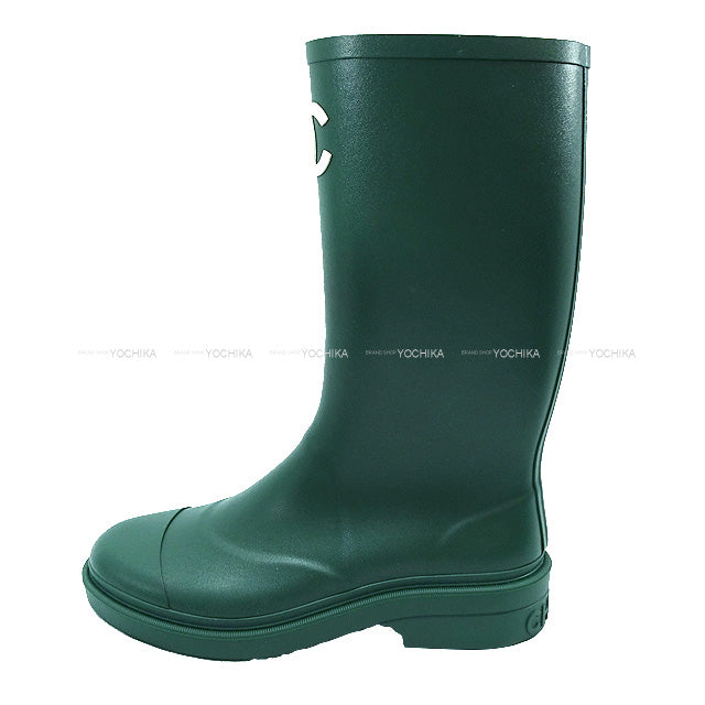 2022 SS CHANEL boots Rain Coco Mark Long Green/Blanc (White)  38 G38355[EXCELLENT][Authentic]