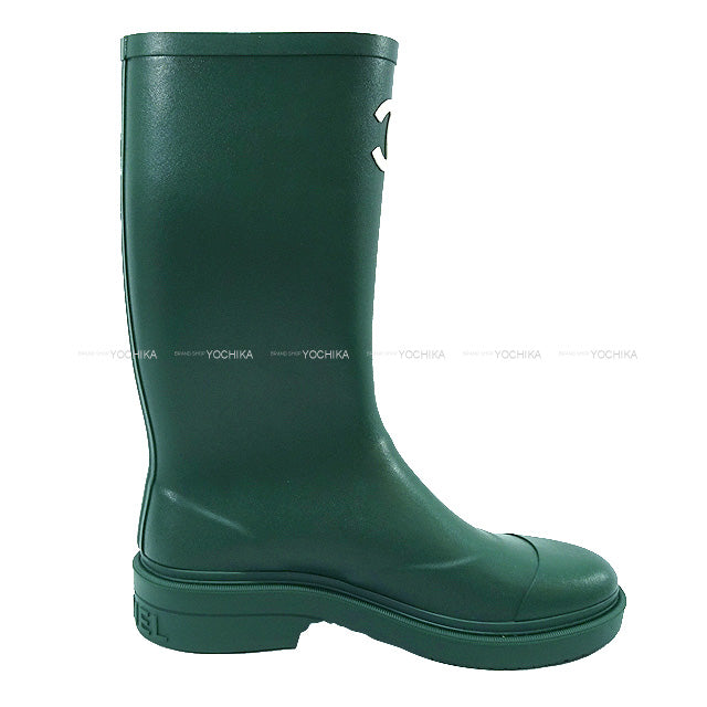 2022 SS CHANEL boots Rain Coco Mark Long Green/Blanc (White)  38 G38355[EXCELLENT][Authentic]