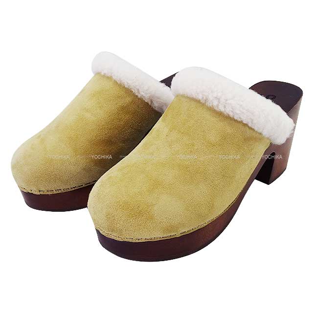 2024 AW CHANEL slip on Sabot Sandals Clogs with Fur Coco Mark #38 Beige Suede/Boa #38 Champagne Gold HW G35368[EXCELLENT][Authentic]