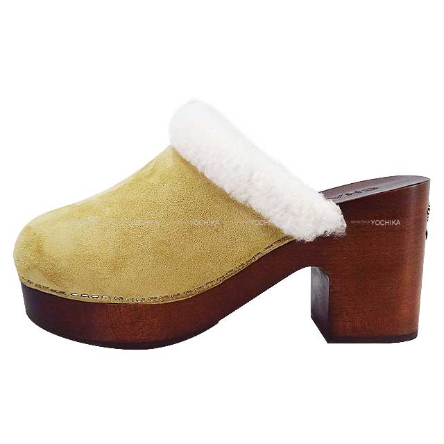 2024 AW CHANEL slip on Sabot Sandals Clogs with Fur Coco Mark Beige Suede/Boa #38 Champagne Gold HW G35368[EXCELLENT][Authentic]