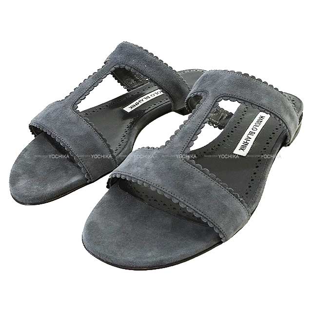 MANOLO BLAHNIK sandals Flat Shoes Scalloped Slip-ons Altas #38 Grey Suede 122-1885-0004[EXCELLENT][Authentic]