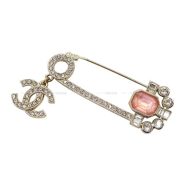CHANEL broach Pin Brooch Coco Mark Safety Pin Rhinestone Gold/Pink Champagne Gold HW[EXCELLENT][Authentic]