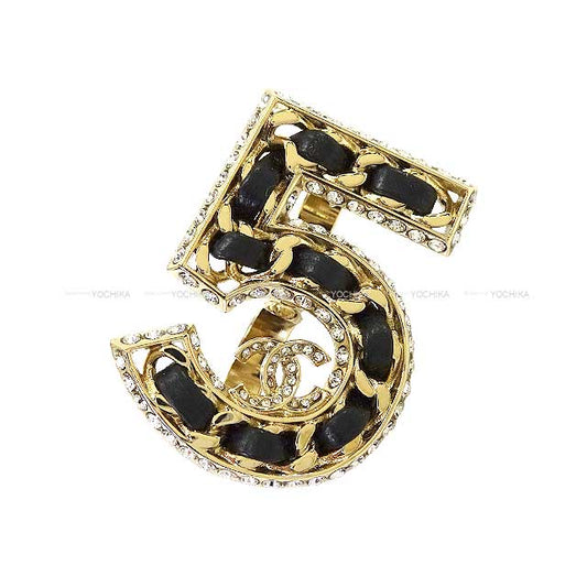 2023 Pre Collection CHANEL ring Double Ring No.5 Chain Rhinestone Coco Mark Gold/Noir (Black) Lambskin Champagne Gold HW[EXCELLENT][Authentic]