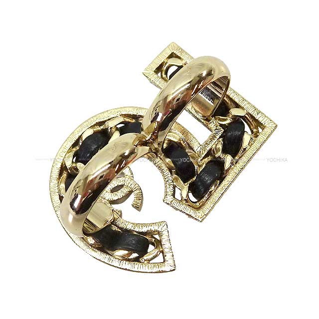 2023 Pre Collection CHANEL ring Double Ring No.5 Chain Rhinestone Coco Mark Gold/Noir (Black) Lambskin Champagne Gold HW[EXCELLENT][Authentic]