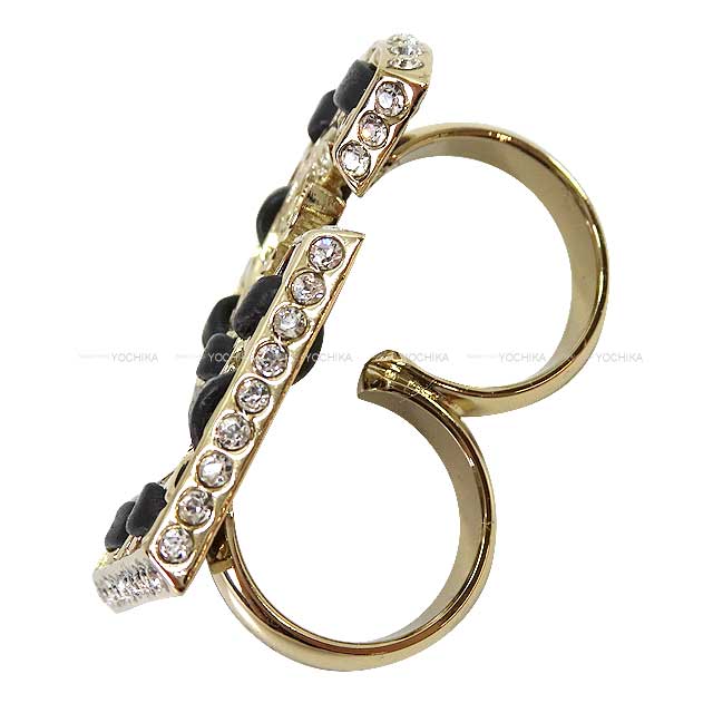 2023 Pre Collection CHANEL ring Double Ring No.5 Chain Rhinestone Coco Mark Gold/Noir (Black) Lambskin Champagne Gold HW[EXCELLENT][Authentic]