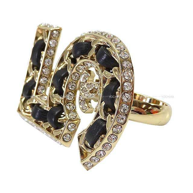 2023 Pre Collection CHANEL ring Double Ring No.5 Chain Rhinestone Coco Mark Gold/Noir (Black) Lambskin Champagne Gold HW[EXCELLENT][Authentic]