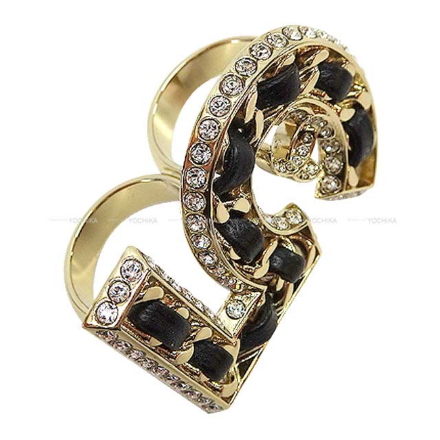 2023 Pre Collection CHANEL ring Double Ring No.5 Chain Rhinestone Coco Mark Gold/Noir (Black) Lambskin Champagne Gold HW[EXCELLENT][Authentic]