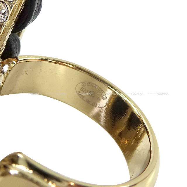 2023 Pre Collection CHANEL ring Double Ring No.5 Chain Rhinestone Coco Mark Gold/Noir (Black) Lambskin Champagne Gold HW[EXCELLENT][Authentic]