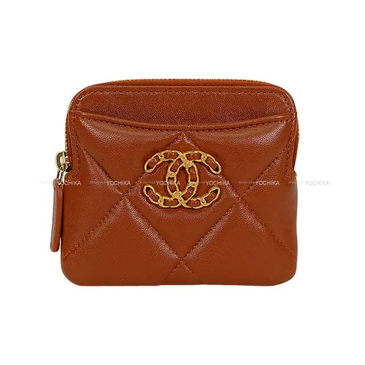 2023AW CHANEL change purse Chanel 19 Zipper Chain Coco Mark Compact Card Brown Lambskin Gold HW AP2086[BRAND NEW][Authentic]