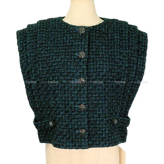 2024‐2025AW CHANEL Vests Ladies Tweed Sleeveless Clear Cross Button Jacket Green Cotton/Acrylic/Polyester/Wool/Nylon 34 P77759[BRAND NEW][Authentic]