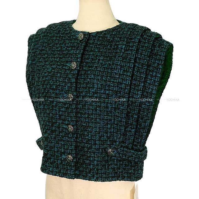 2024‐2025AW CHANEL Vests Ladies Tweed Sleeveless Clear Cross Button Jacket Green Cotton/Acrylic/Polyester/Wool/Nylon 34 P77759[BRAND NEW][Authentic]