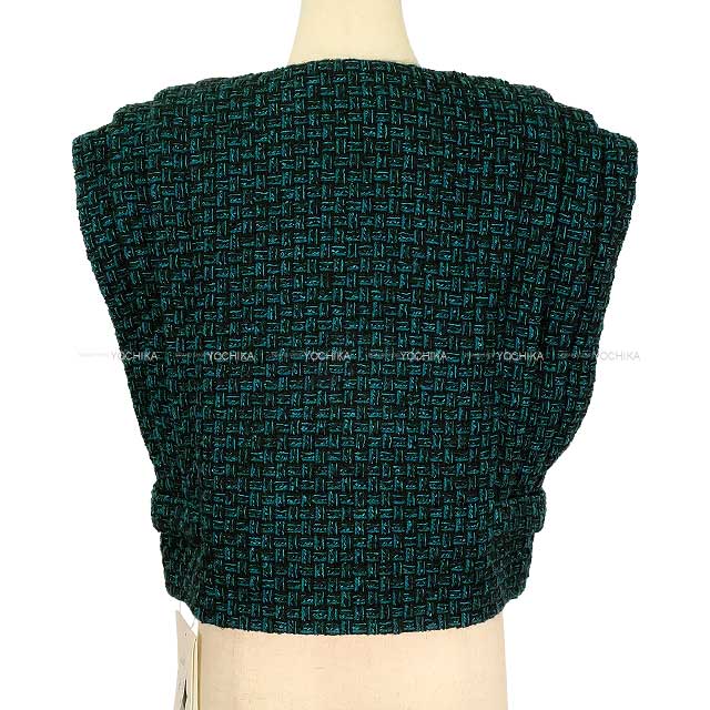 2024‐2025AW CHANEL Vests Ladies Tweed Sleeveless Clear Cross Button Jacket Green Cotton/Acrylic/Polyester/Wool/Nylon 34 P77759[BRAND NEW][Authentic]