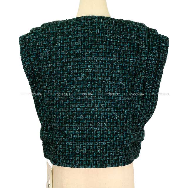 2024‐2025AW CHANEL Vests Ladies Tweed Sleeveless Clear Cross Button Jacket Green Cotton/Acrylic/Polyester/Wool/Nylon #34 P77759[BRAND NEW][Authentic]