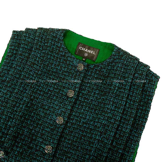 2024‐2025AW CHANEL Vests Ladies Tweed Sleeveless Clear Cross Button Jacket Green Cotton/Acrylic/Polyester/Wool/Nylon #34 P77759[BRAND NEW][Authentic]