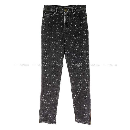 CHANEL Denim Pants Ladies Side Zip Denim Coco Mark Dot Jeans Grey Cotton/Polyester 34 Mat Gold HW P74514[EXCELLENT][Authentic]