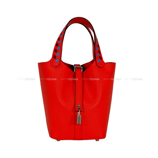 [Pre-loved] HERMES Handbag Picotin Lock 18 PM Tressage De Cuir Rouge de Coeur/Prunoir/Rouge H Veau Epsom Silver HW Stamp D[LIKE NEW][Authentic]