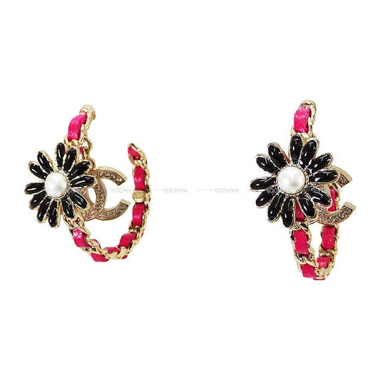 CHANEL pierced earring Flower motif Coco mark rhinestone chain hoop Pink/Noir (Black) Gold HW AB9650[EXCELLENT][Authentic]