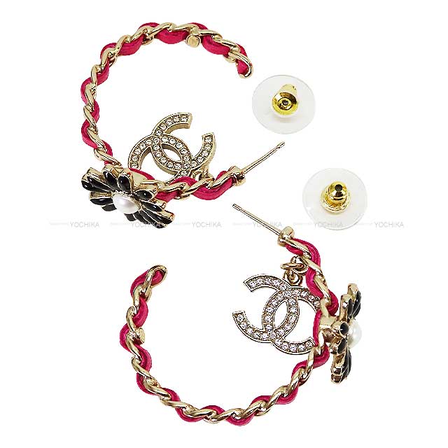 CHANEL pierced earring Flower motif Coco mark rhinestone chain hoop Pink/Noir (Black) Gold HW AB9650[EXCELLENT][Authentic]