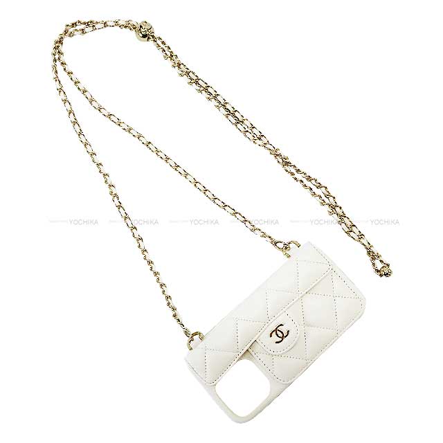 CHANEL iPhone case iPhone 13Pro Case Matelasse Timeless Classic Chain Blanc (White) Graind Calf(Caviarskin) Champagne Gold HW AP2689[EXCELLENT][Authentic]