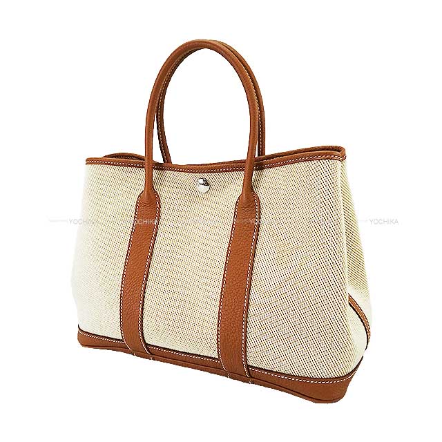 HERMES tote bag Garden Party 30 TPM Ecru/Desert/Gold Toile Twill H/Veau Negonda Silver HW Stamp Z[EXCELLENT][Authentic]