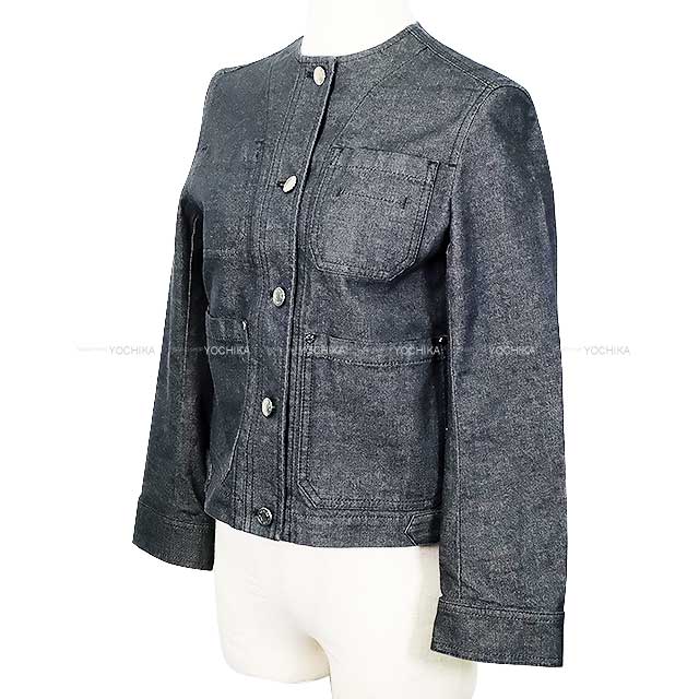 2022 SS HERMES Plainly colored jacket Ladies Denim Sellier Button Noir (Black) 34 Silver HW 2E0251DQ[EXCELLENT][Authentic]