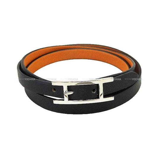 HERMES bracelet Be Hapi Double Tour #T2 Noir (Black)/Gold Veau Swift Silver HW Stamp A[EXCELLENT][Authentic]